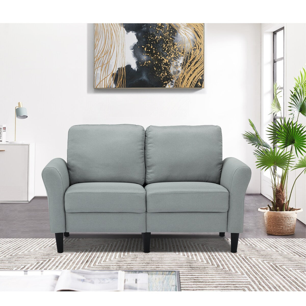 Modern Frabic 2-person Stationary Couch Loveseat Sofa with Removable Back&Seat, 2 Flaerd arms and 6 Plastic Legs
