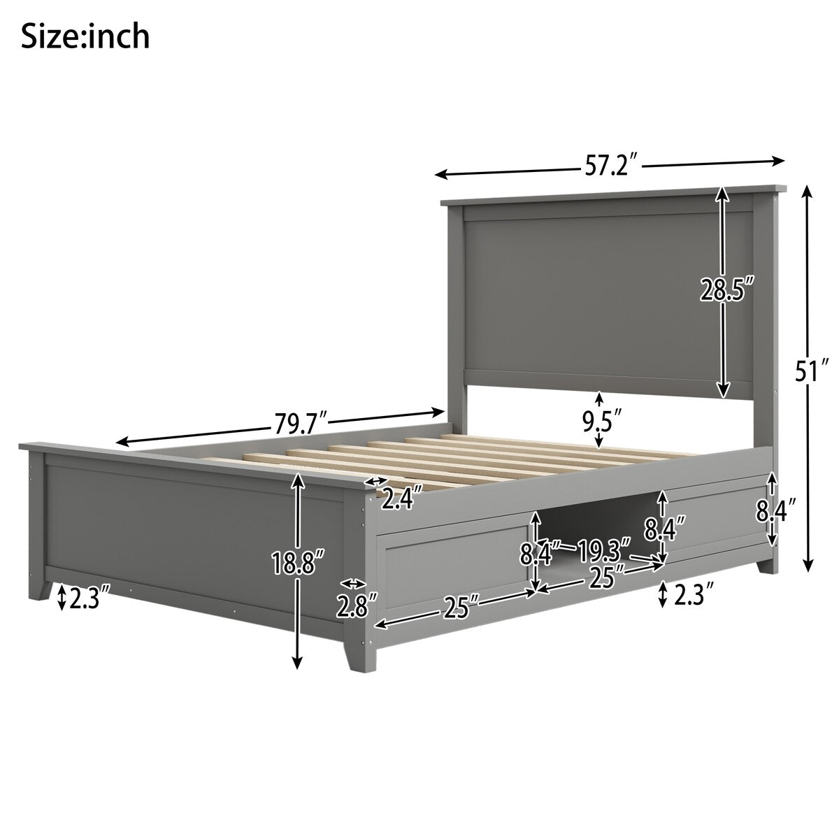 Modern Full Bed Frame with Storage Kids Teens Solid Wood Platform Bed, No Spring Box Needed Suitable for Bedroom Apartment