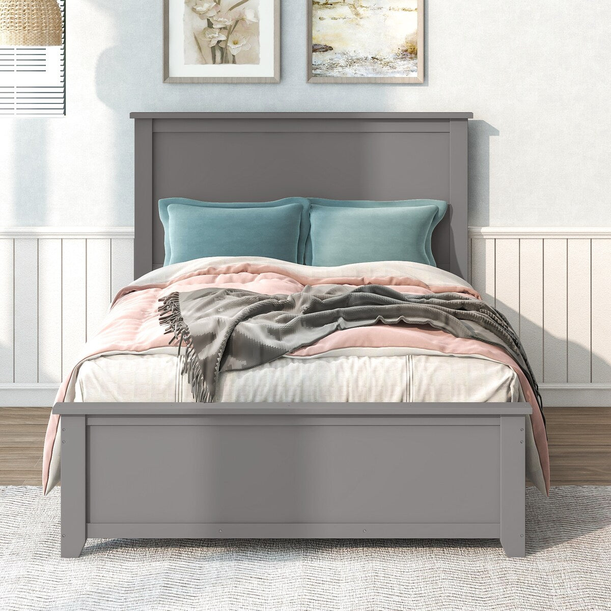Modern Full Bed Frame with Storage Kids Teens Solid Wood Platform Bed, No Spring Box Needed Suitable for Bedroom Apartment