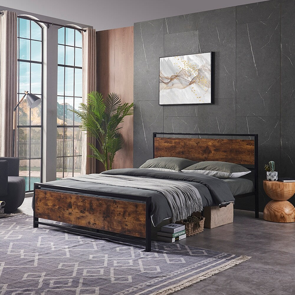 Modern Full Size Metal Platform Bed Frame with Wooden Headboard and Footboard, Large Under Bed Storage, Easy Assembly