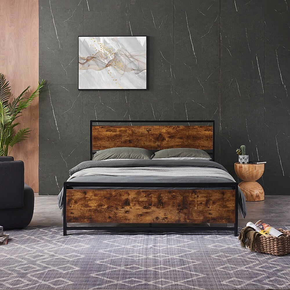 Modern Full Size Metal Platform Bed Frame with Wooden Headboard and Footboard, Large Under Bed Storage, Easy Assembly