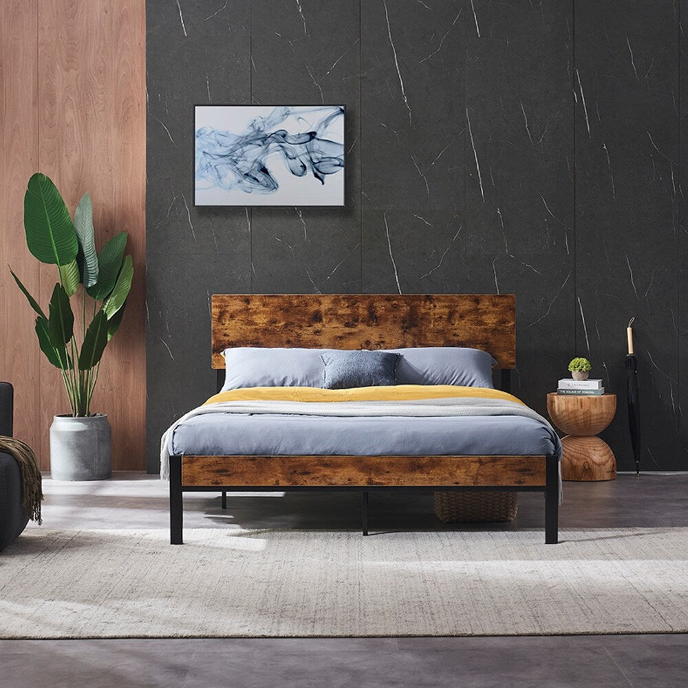 Modern Full Size Metal Platform Bed Frame with Wooden Headboard and Footboard, No Box Spring Needed&Easy Assemble