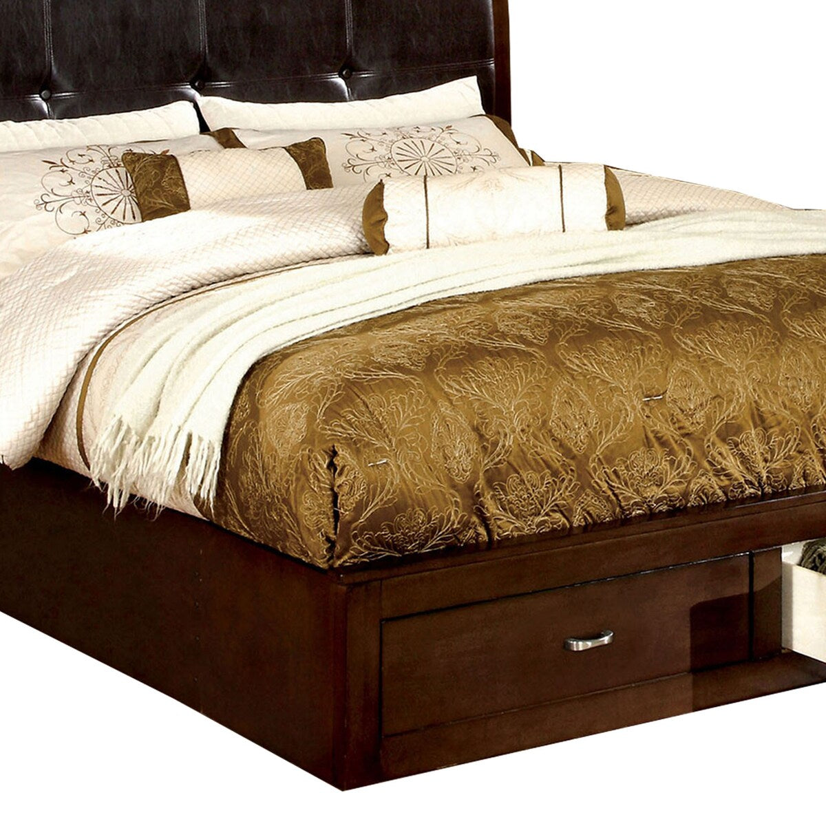 Modern Full Size Storage Platform bed with Leatherette Headboard, Brown