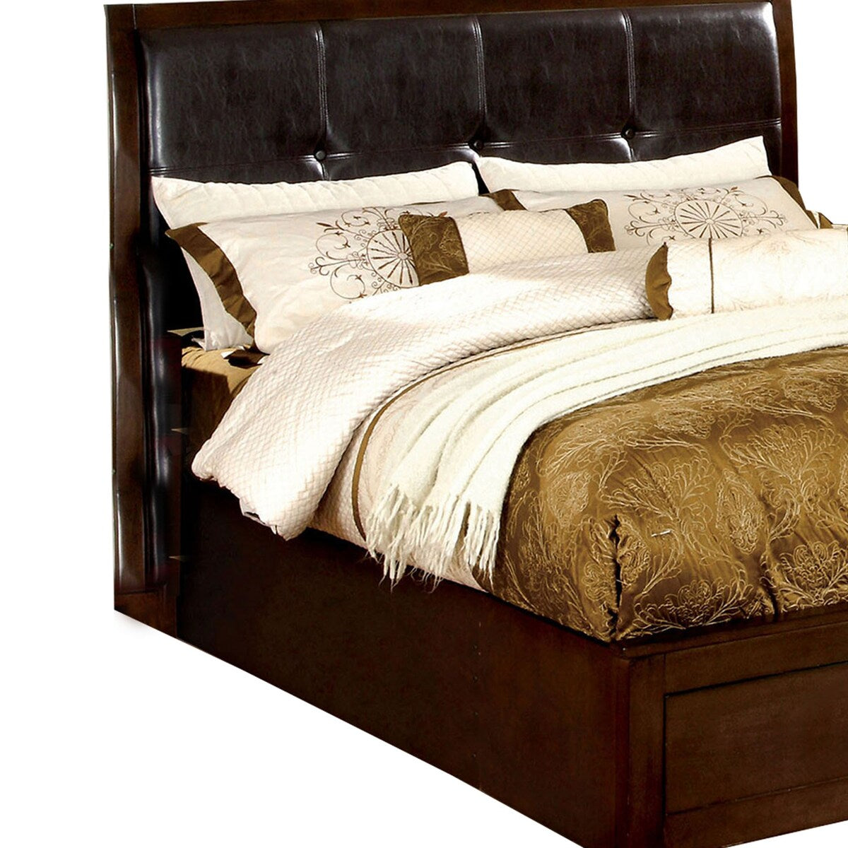 Modern Full Size Storage Platform bed with Leatherette Headboard, Brown