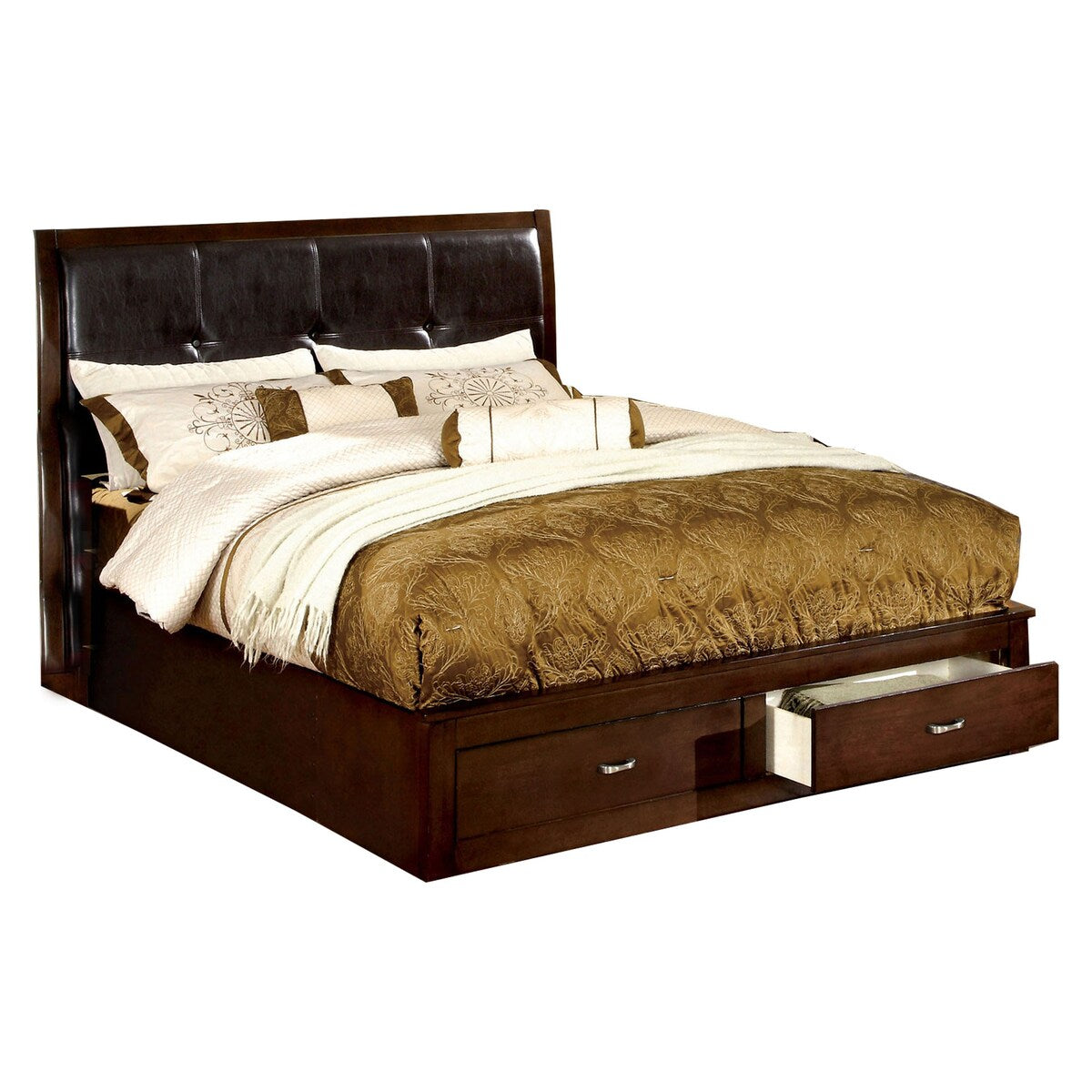Modern Full Size Storage Platform bed with Leatherette Headboard, Brown