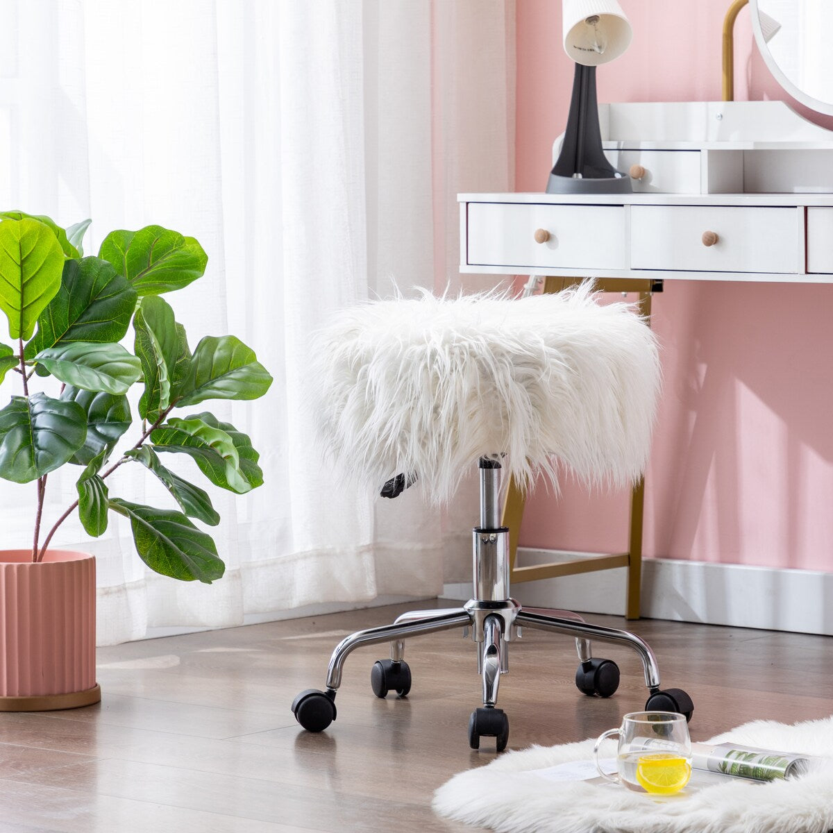 Modern Gas Lifting Height Adjustable Faux Fur Office Desk Chair Vanity