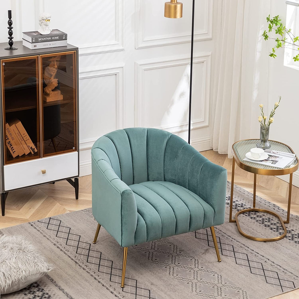 SEYNAR Modern Glam Velvet Accent Vanity Chair with Golden Metal Legs for Living Room