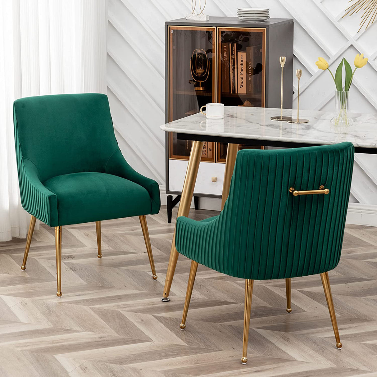 SEYNAR Modern Glam Boucle Pleated Velvet Dining Chair or Vanity Chair Set of 2 with Rear Handle