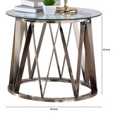 Modern Glass Top End Table with Geometric Metal Base, Silver and Clear