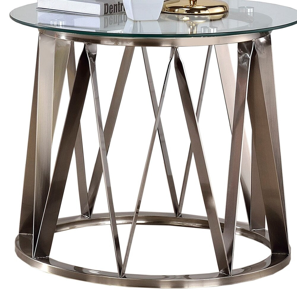 Modern Glass Top End Table with Geometric Metal Base, Silver and Clear