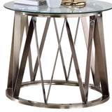 Modern Glass Top End Table with Geometric Metal Base, Silver and Clear
