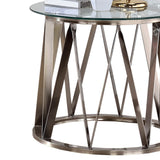 Modern Glass Top End Table with Geometric Metal Base, Silver and Clear