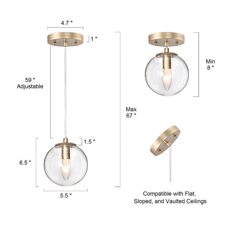 Farmhouse Mini 1-Light Glass Globe Pendant Lights Dimmable Orb Kitchen Sink Fixture - D5.5"xH6.5"