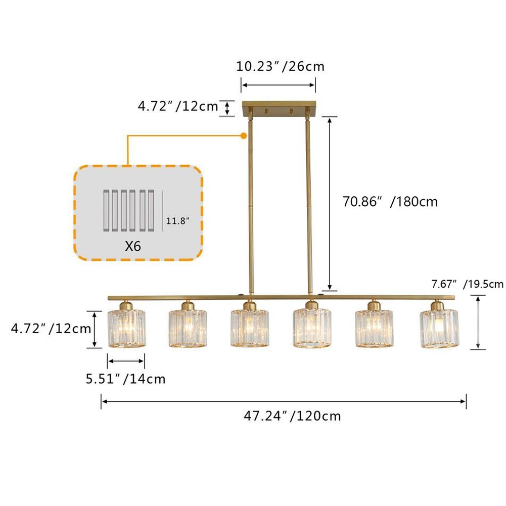 Modern Gold 6-Light Textured Glass Kitchen Island Pendant Lighting Fixture