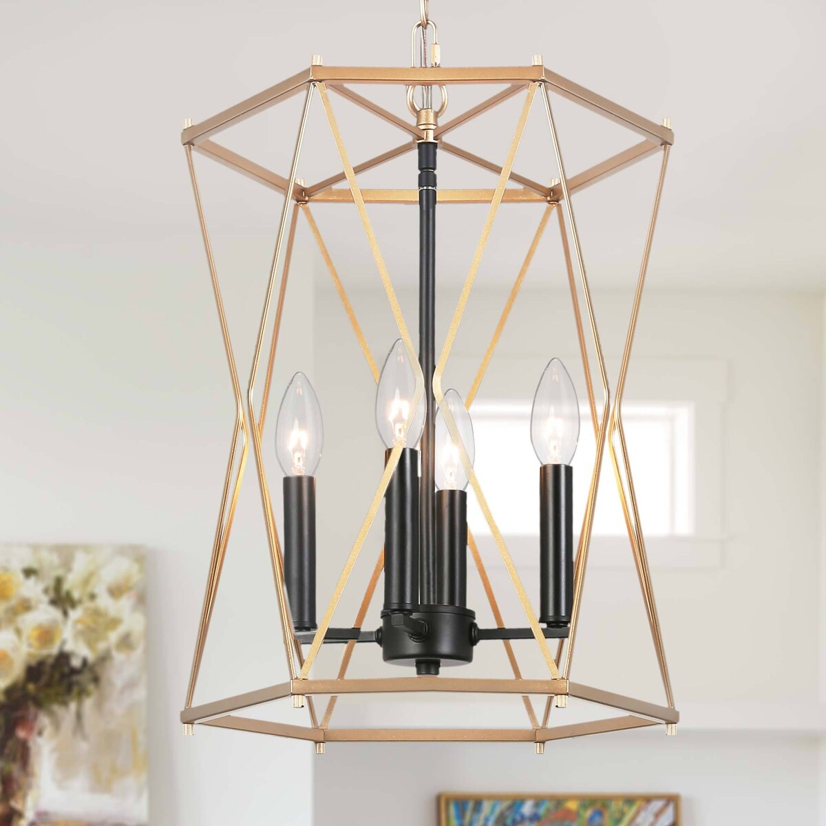 Modern Contemporary Gold Chandelier Geometric Lantern Large Kitchen Island Pendant Lights - Gold and Black - D12.5"x H 18"