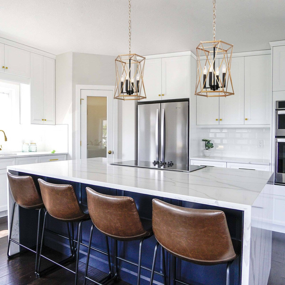 Modern Contemporary Gold Chandelier Geometric Lantern Large Kitchen Island Pendant Lights - Gold and Black - D12.5"x H 18"