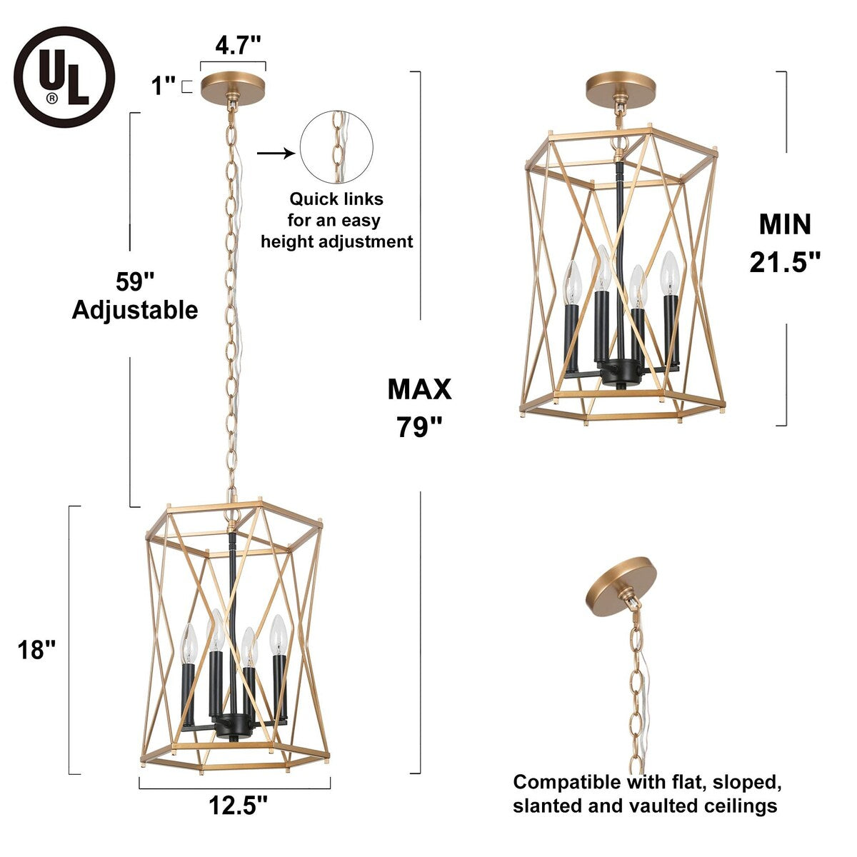 Modern Contemporary Gold Chandelier Geometric Lantern Large Kitchen Island Pendant Lights - Gold and Black - D12.5"x H 18"