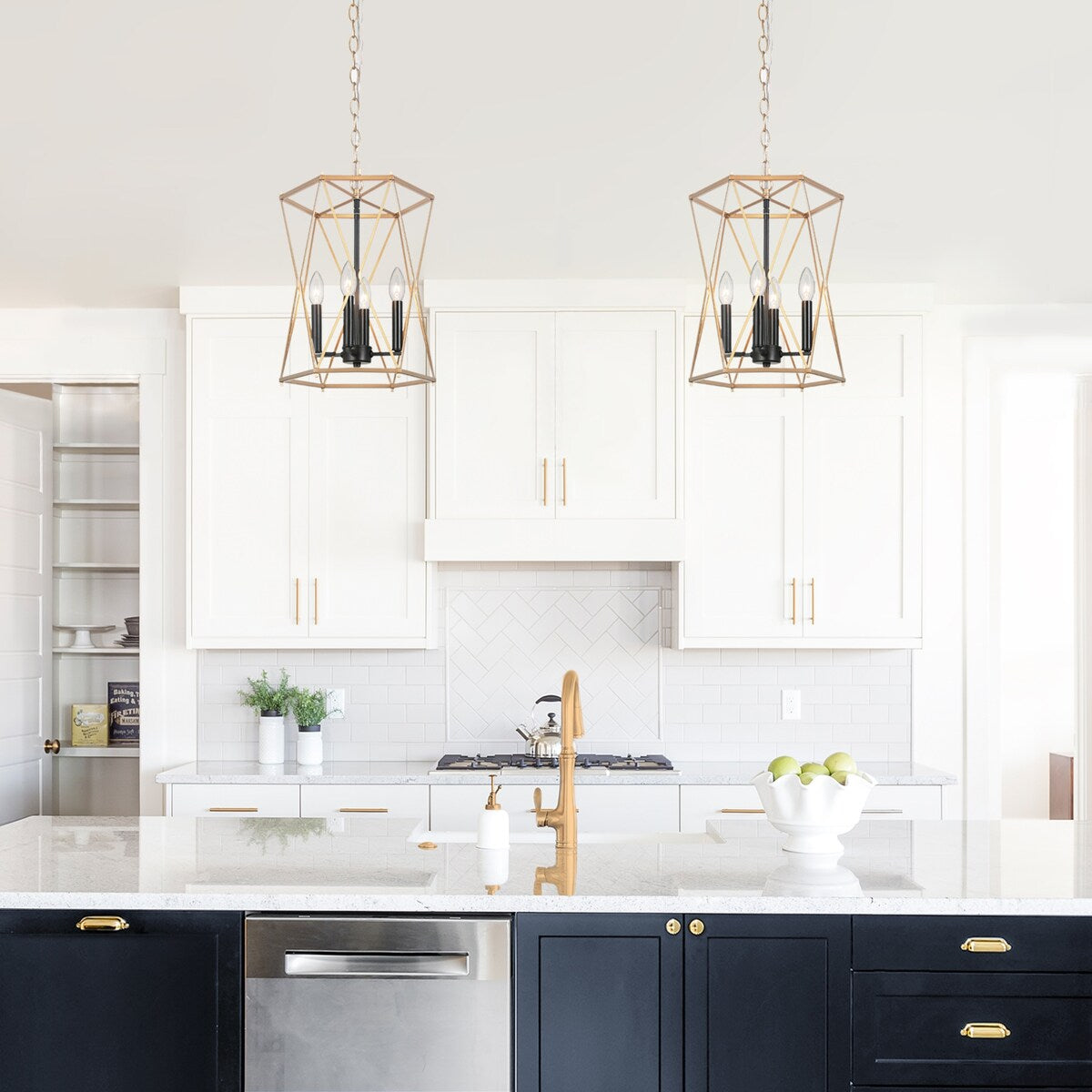 Modern Contemporary Gold Chandelier Geometric Lantern Large Kitchen Island Pendant Lights - Gold and Black - D12.5"x H 18"