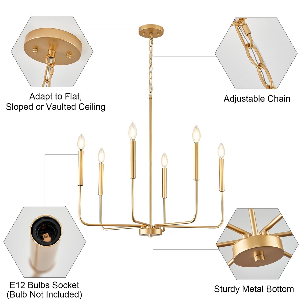 Modern Gold Chandelier for Dining Room,Metal 6-Light Kitchen Light Fixtures,Farmhouse Candle Hanging Pendant Light