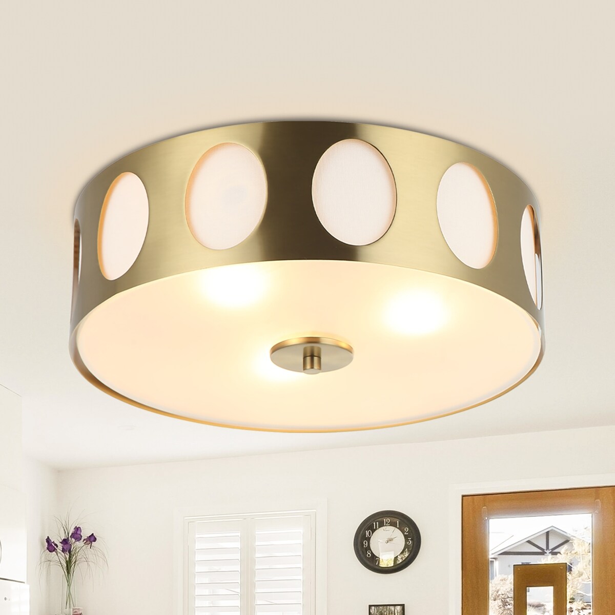 Modern 3-light Hollowed Metal Gold Drum Flush Mount Ceiling Light - 13.8" W x 4.7" H