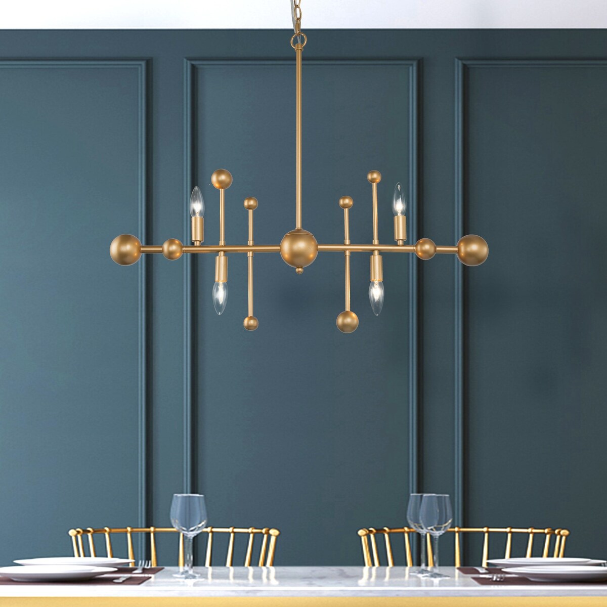 Modern Gold Sputnik 4-Light Metal Linear Chandelier for Dining Room - L30" x W3.1" x H25.5"