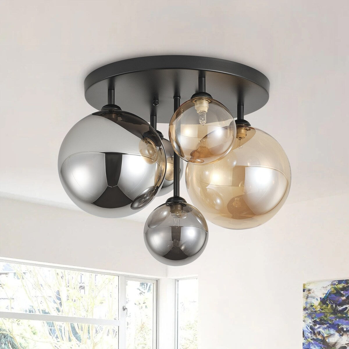 Modern Grey and Brown 5-Light Semi Flush Mount Ceiling Light with Globe Glass Lampshade