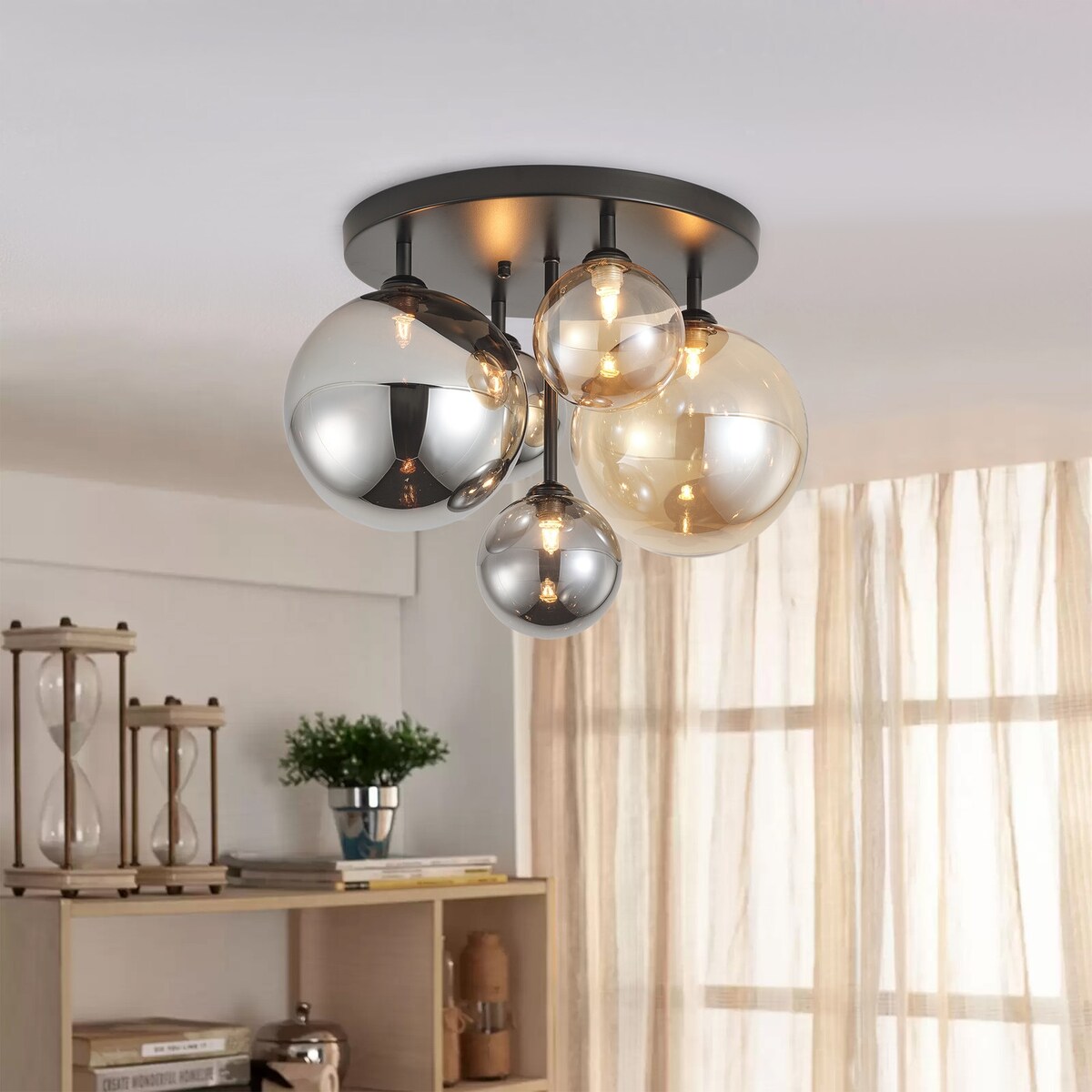 Modern Grey and Brown 5-Light Semi Flush Mount Ceiling Light with Globe Glass Lampshade