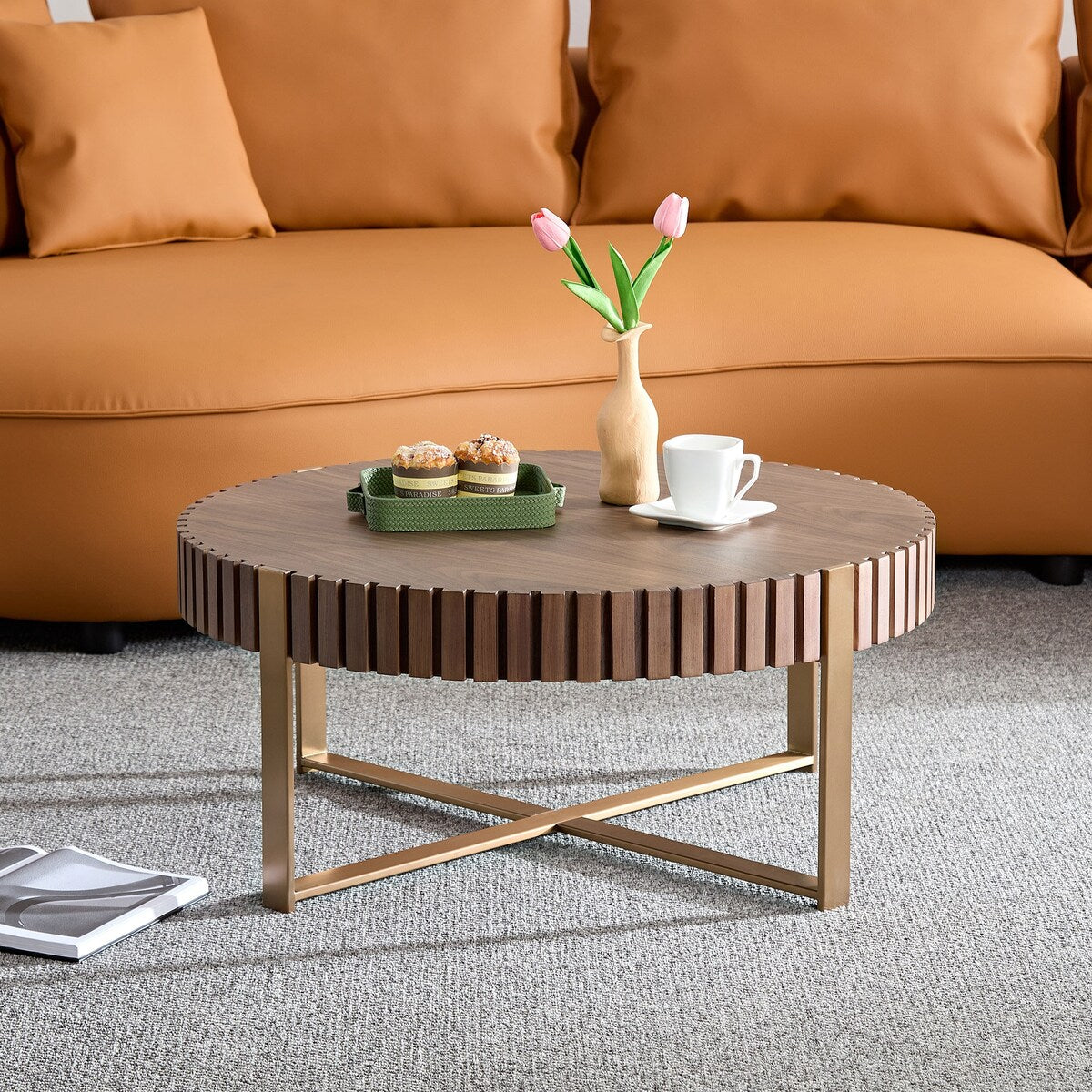 Modern Handcraft Drum Coffee Table 31.5 inch Round Coffee Table for Living Room,Small Coffee Table with Sturdy Pedestal