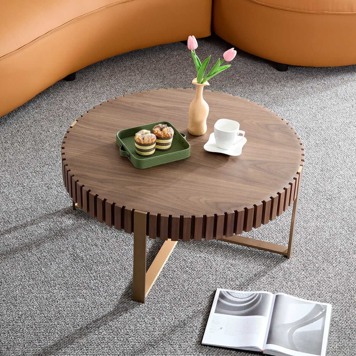 Modern Handcraft Drum Coffee Table 31.5 inch Round Coffee Table for Living Room,Small Coffee Table with Sturdy Pedestal