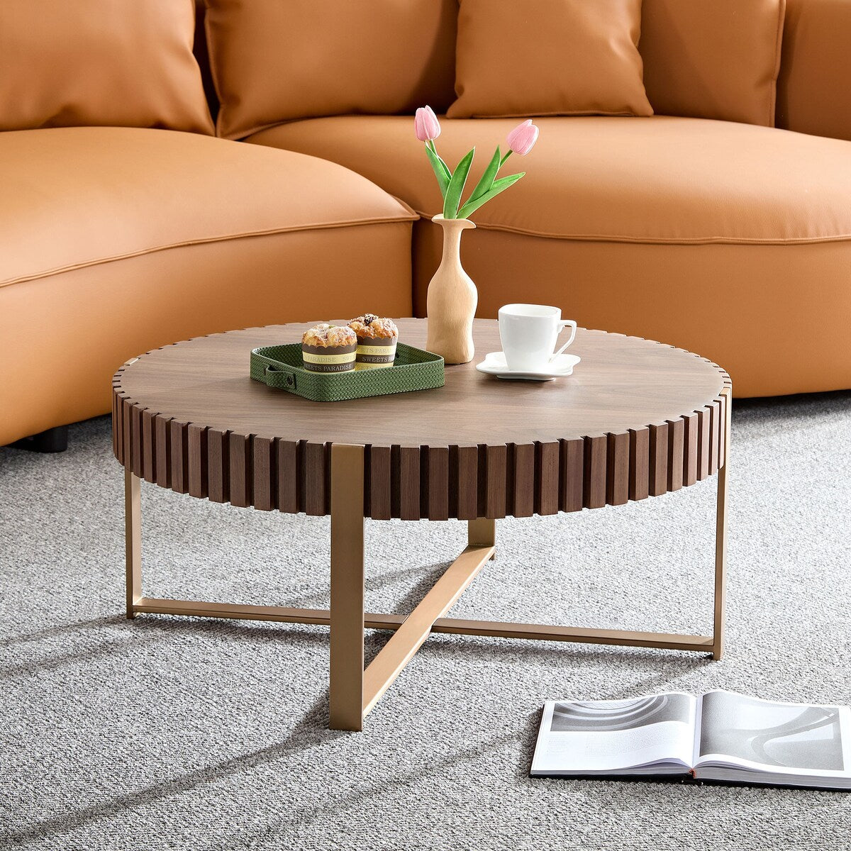 Modern Handcraft Drum Coffee Table 31.5 inch Round Coffee Table for Living Room,Small Coffee Table with Sturdy Pedestal