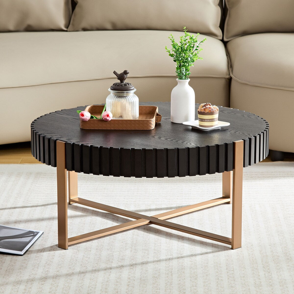 Modern Handcraft Drum Coffee Table 31.5 inch Round Coffee Table for Living Room,Small Coffee Table with Sturdy Pedestal