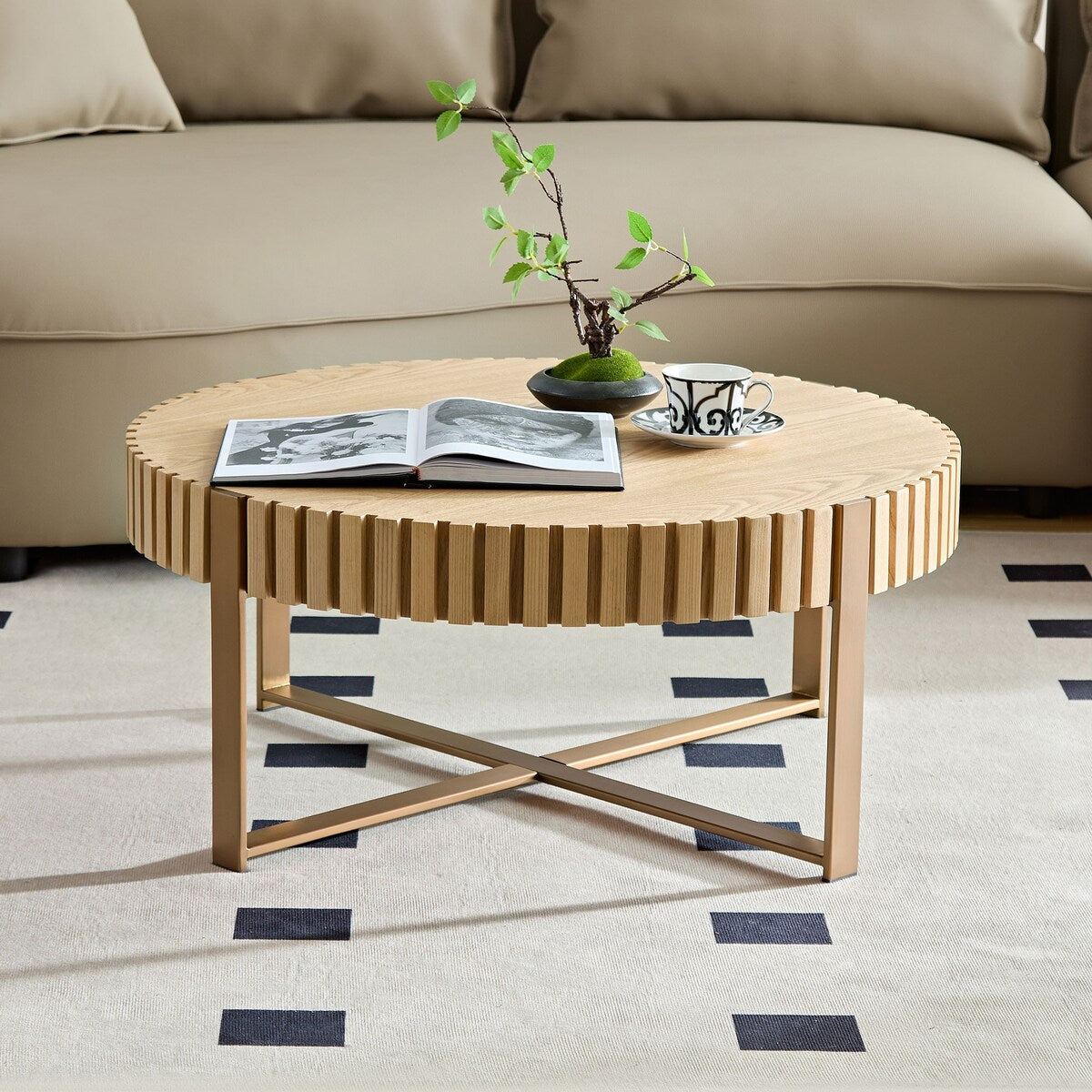 Modern Handcraft Drum Coffee Table 31.5 inch Round Coffee Table for Living Room,Small Coffee Table with Sturdy Pedestal