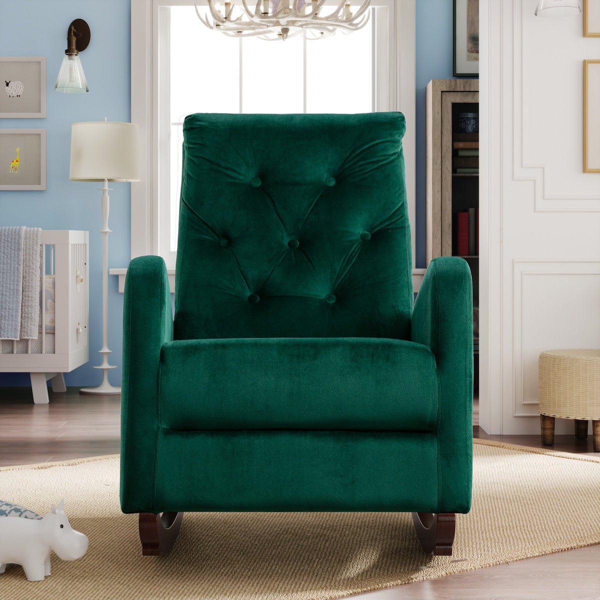 Modern High Back Armchair Baby Room Rocking Chair & Nursery Chair with Comfortable Rocker Fabric Padded Seat and Wood Leg