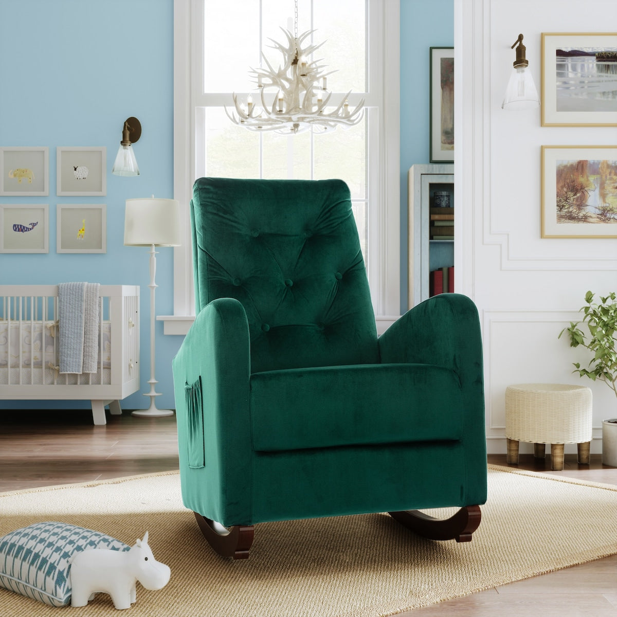 Modern High Back Armchair Baby Room Rocking Chair & Nursery Chair with Comfortable Rocker Fabric Padded Seat and Wood Leg