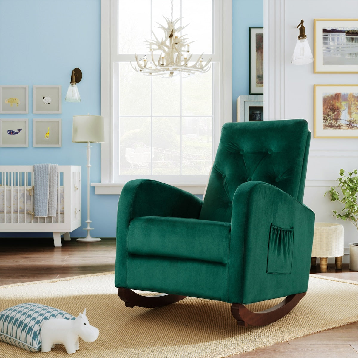 Modern High Back Armchair Baby Room Rocking Chair & Nursery Chair with Comfortable Rocker Fabric Padded Seat and Wood Leg