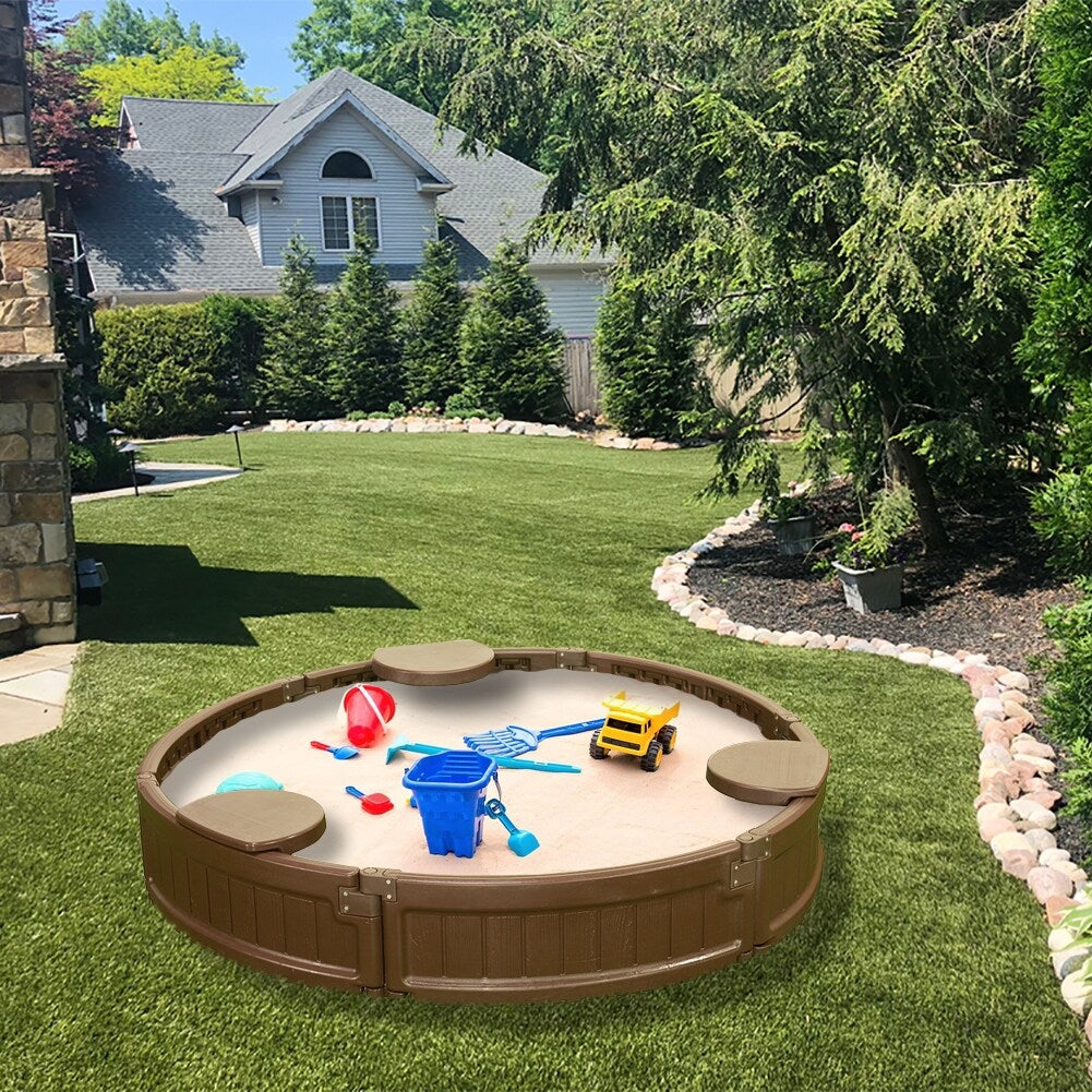 Modern Home 4ft Round All Weather Resistant Outdoor Sandbox Kit w/Cover, Durable All-Weather Circle Outdoor Play Box