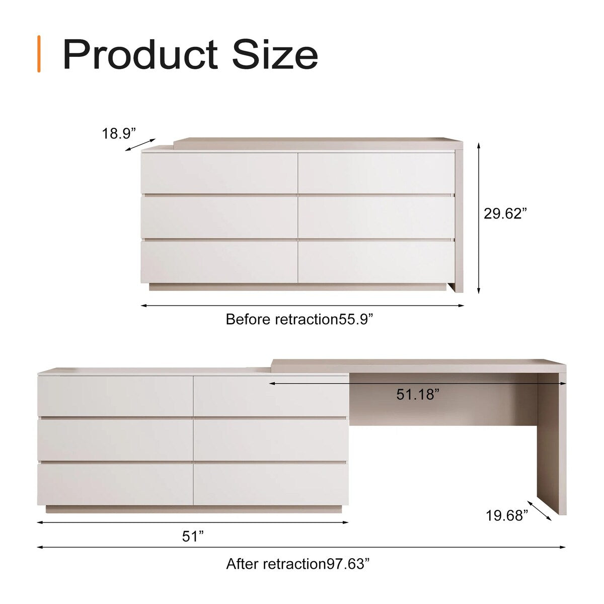 Modern Home Office Expandable Dresser Desk Combo with 6 Drawers