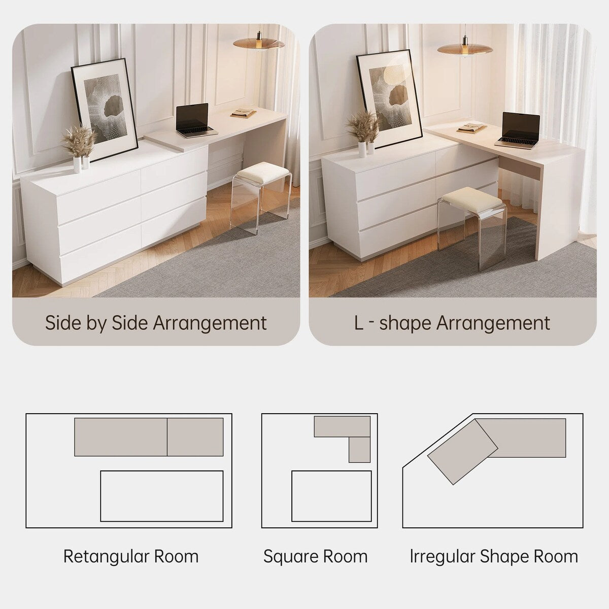 Modern Home Office Expandable Dresser Desk Combo with 6 Drawers
