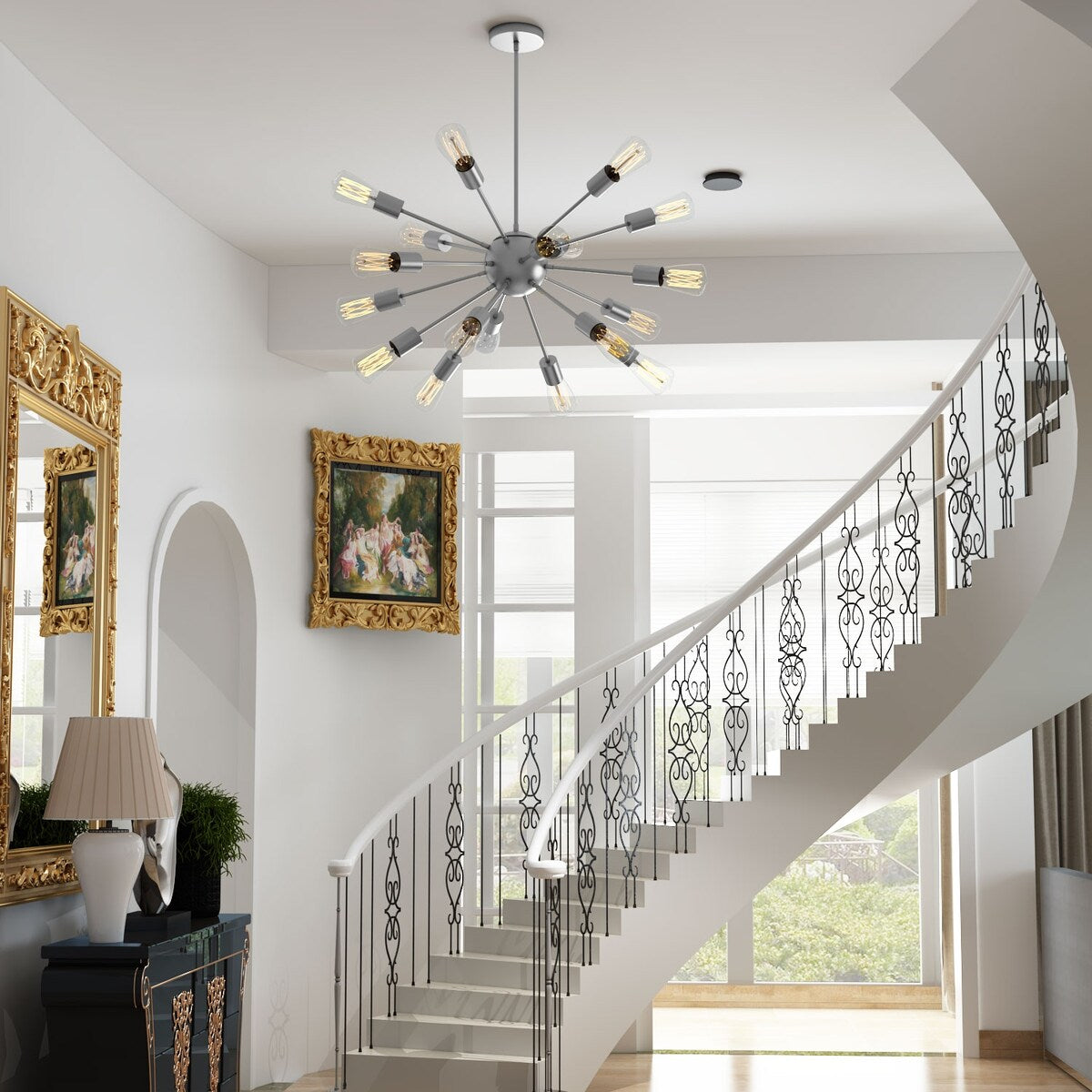 Modern Industrial 18 Lights Sputnik Chandelier with Adjustable Rods for Kitchen, Dining Room, Bedroom, Living Room, Hallway
