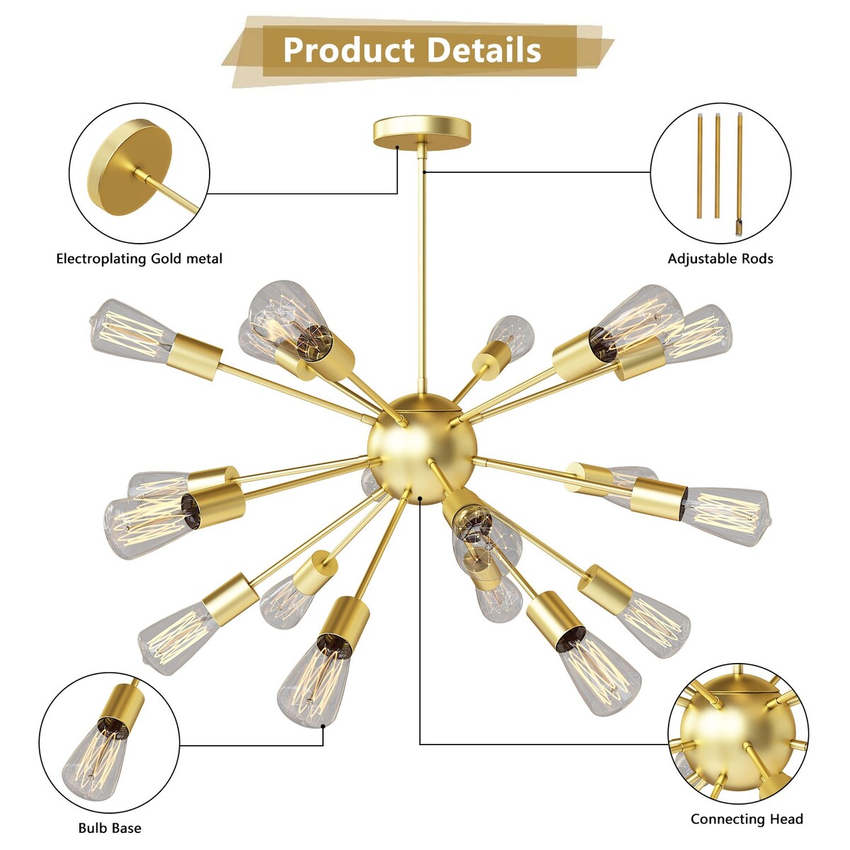 Modern Industrial 18 Lights Sputnik Chandelier with Adjustable Rods for Kitchen, Dining Room, Bedroom, Living Room, Hallway