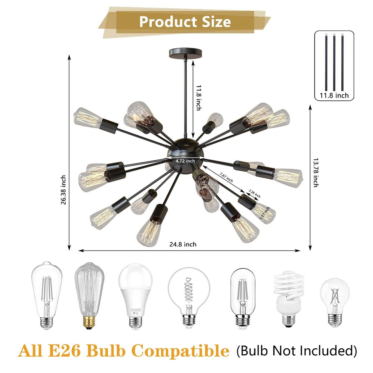 Modern Industrial 18 Lights Sputnik Chandelier with Adjustable Rods for Kitchen, Dining Room, Bedroom, Living Room, Hallway