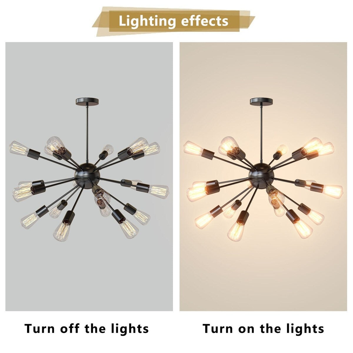Modern Industrial 18 Lights Sputnik Chandelier with Adjustable Rods for Kitchen, Dining Room, Bedroom, Living Room, Hallway