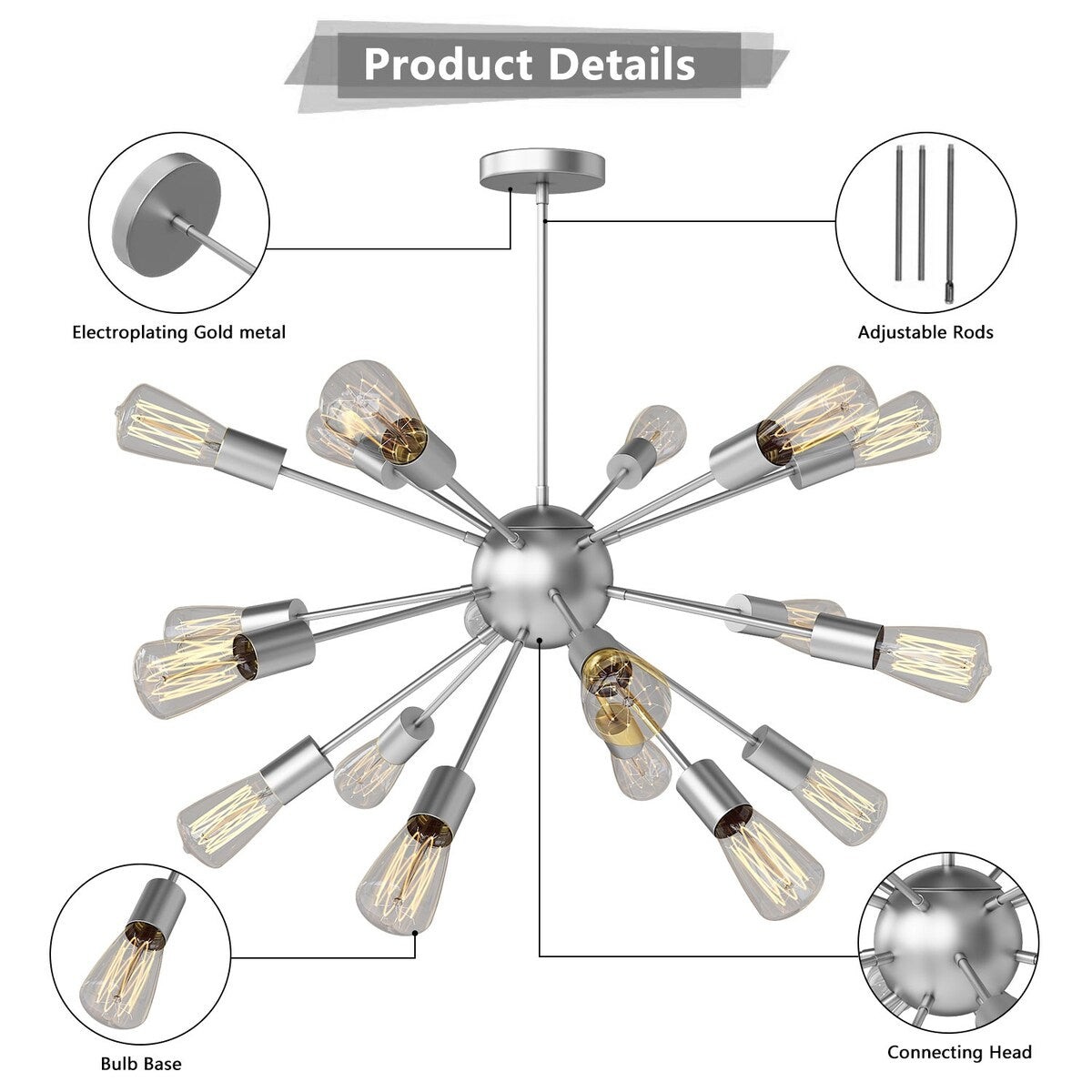 Modern Industrial 18 Lights Sputnik Chandelier with Adjustable Rods for Kitchen, Dining Room, Bedroom, Living Room, Hallway