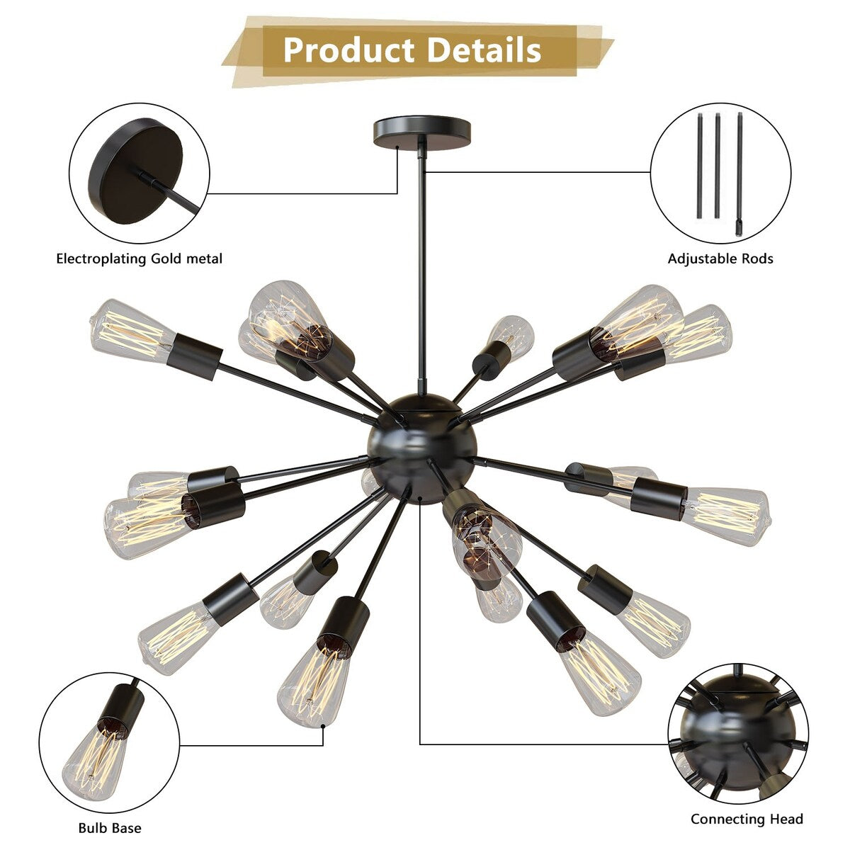 Modern Industrial 18 Lights Sputnik Chandelier with Adjustable Rods for Kitchen, Dining Room, Bedroom, Living Room, Hallway
