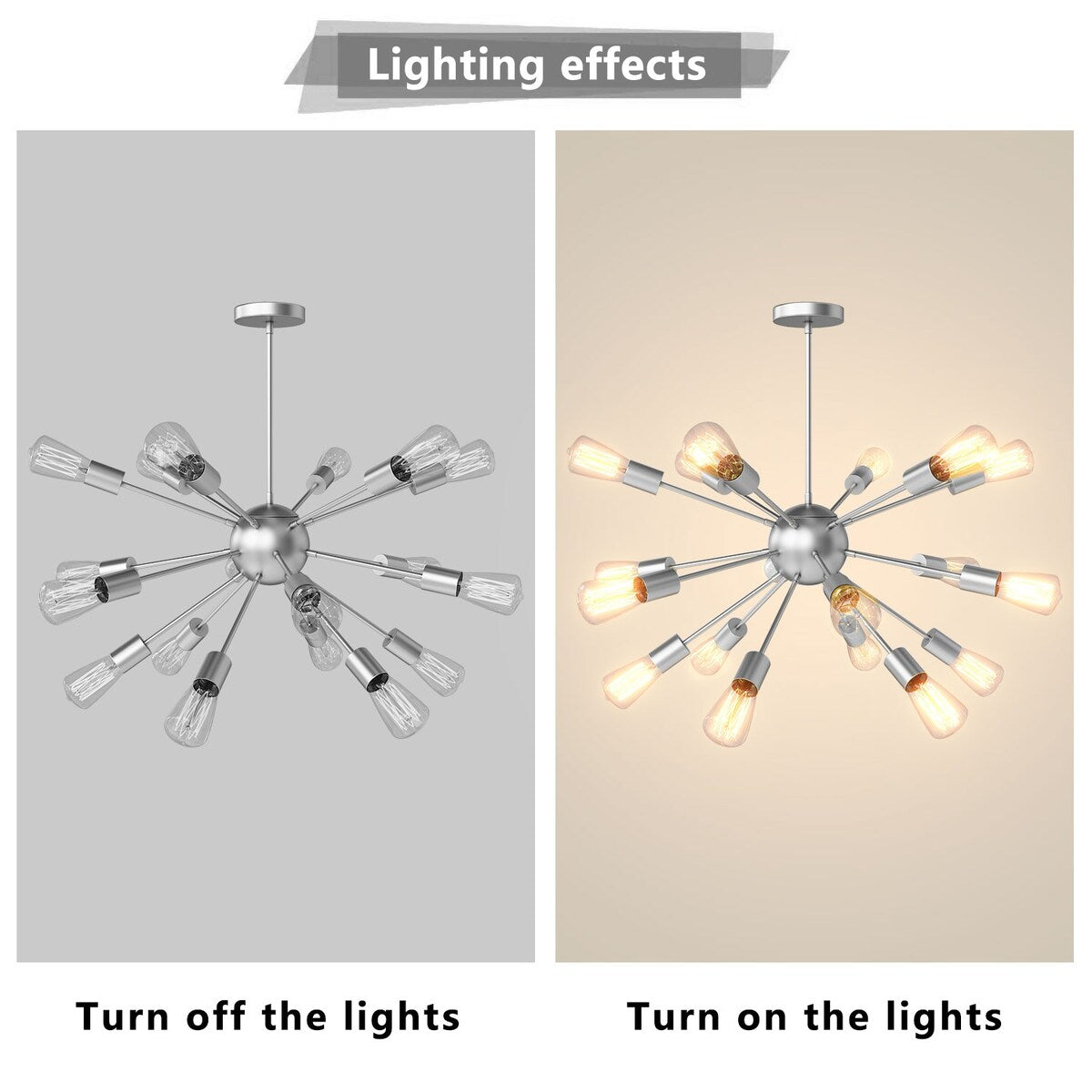 Modern Industrial 18 Lights Sputnik Chandelier with Adjustable Rods for Kitchen, Dining Room, Bedroom, Living Room, Hallway