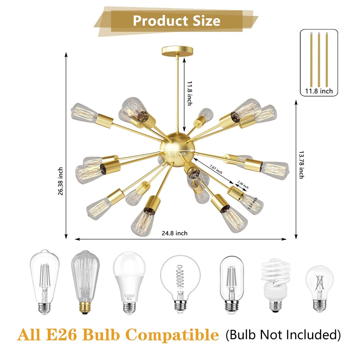 Modern Industrial 18 Lights Sputnik Chandelier with Adjustable Rods for Kitchen, Dining Room, Bedroom, Living Room, Hallway