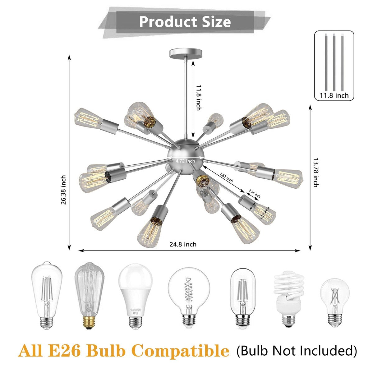 Modern Industrial 18 Lights Sputnik Chandelier with Adjustable Rods for Kitchen, Dining Room, Bedroom, Living Room, Hallway