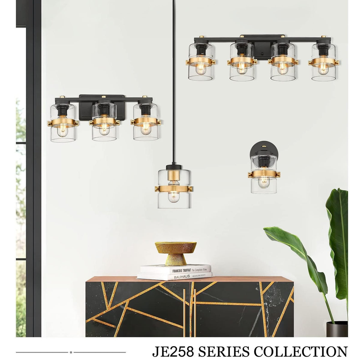 Modern Industrial 3-Light Bathroom Vanity Light with Clear Glass,White or Black and Gold Finish