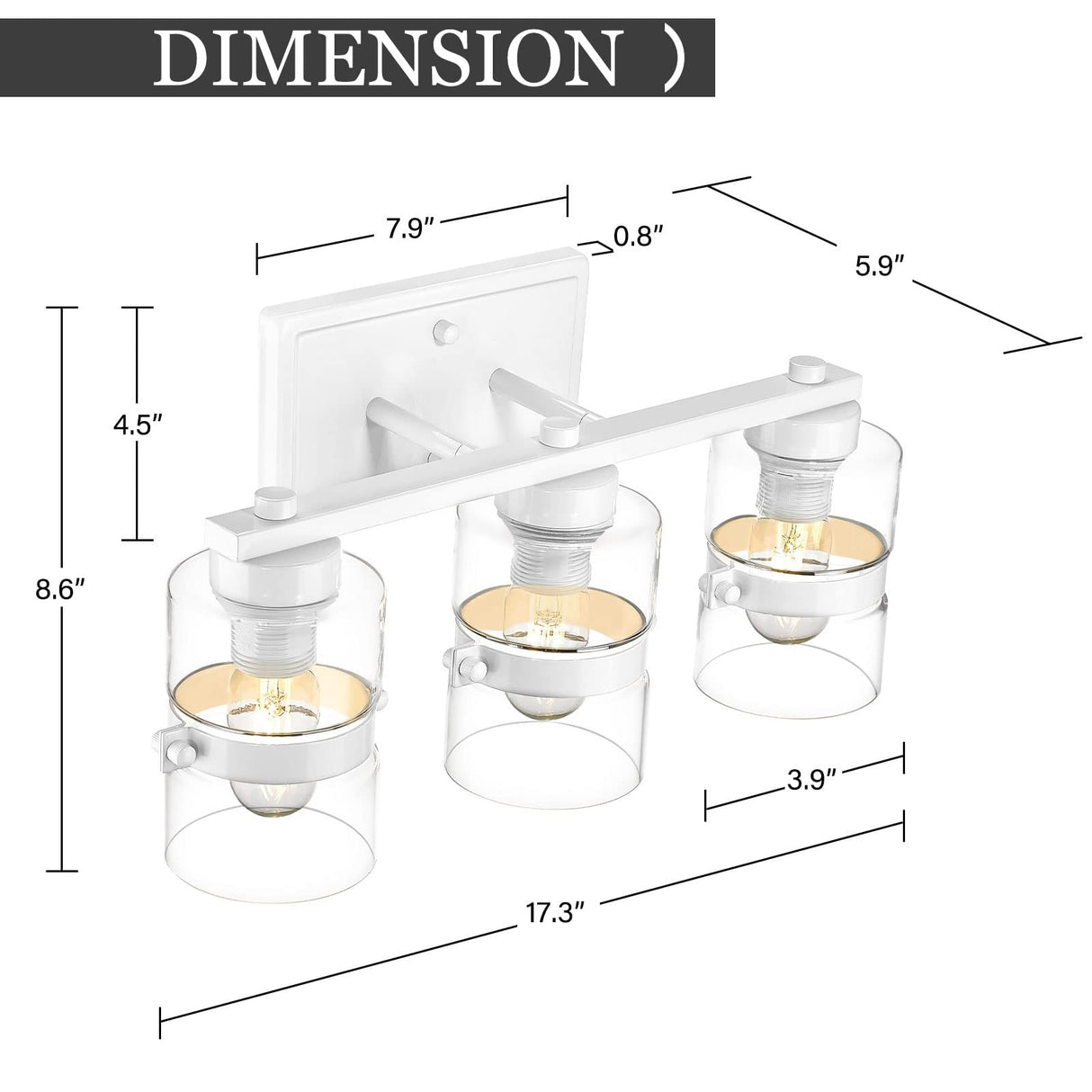 Modern Industrial 3-Light Bathroom Vanity Light with Clear Glass,White or Black and Gold Finish