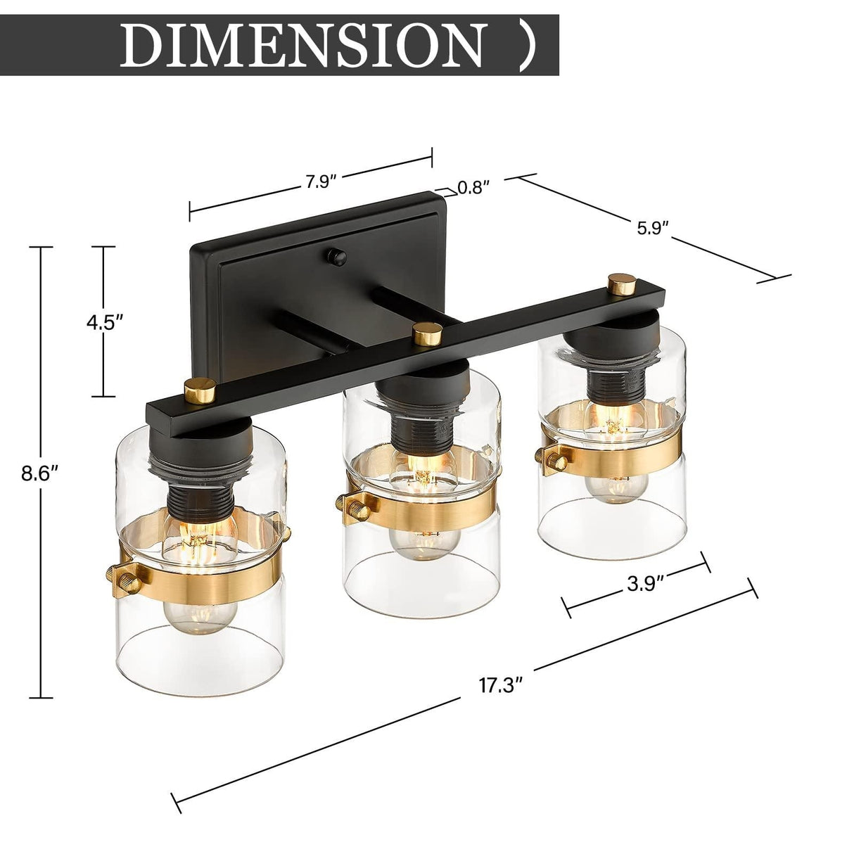 Modern Industrial 3-Light Bathroom Vanity Light with Clear Glass,White or Black and Gold Finish